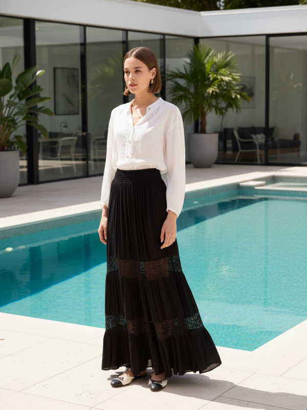 Mandy-Tiered Crocheted Maxi Skirt In Black