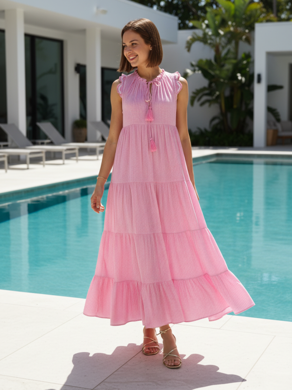 Palmer - Bohemian Striped Sleevless Maxi Dress in Pink