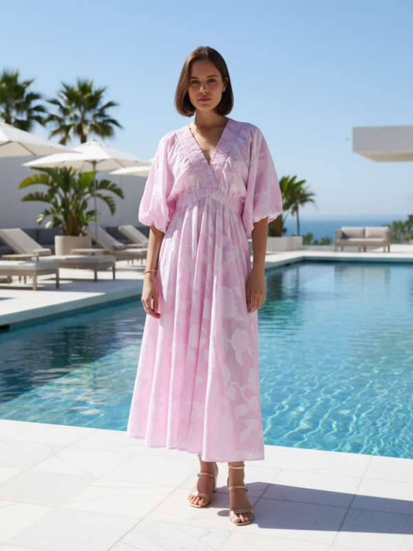 Hazel - Ruched textured Cotton Maxi Dress In pink