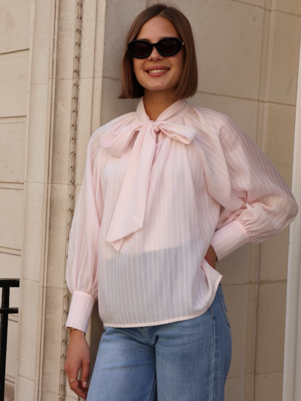 Samantha -Tonal Stripe Bow Shirt In Pink