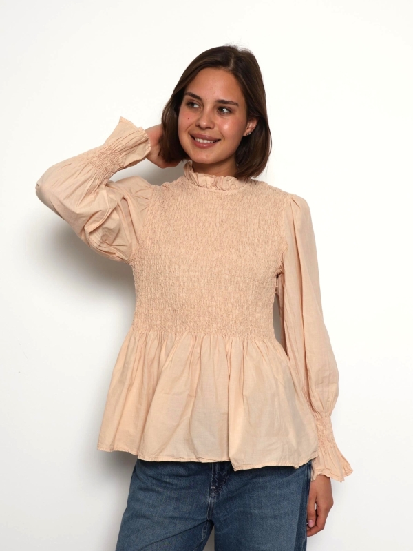 EMMA- smocked cotton shirt in beige