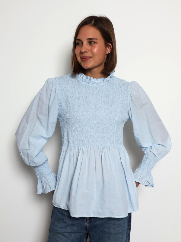 EMMA- smocked cotton shirt in blue