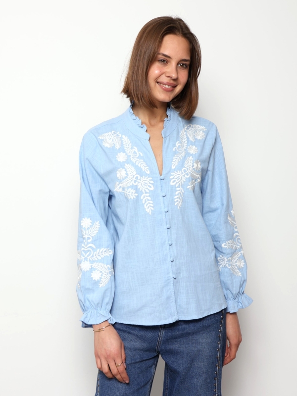 Clara - Cotton Embroidered Shirt In Blue
