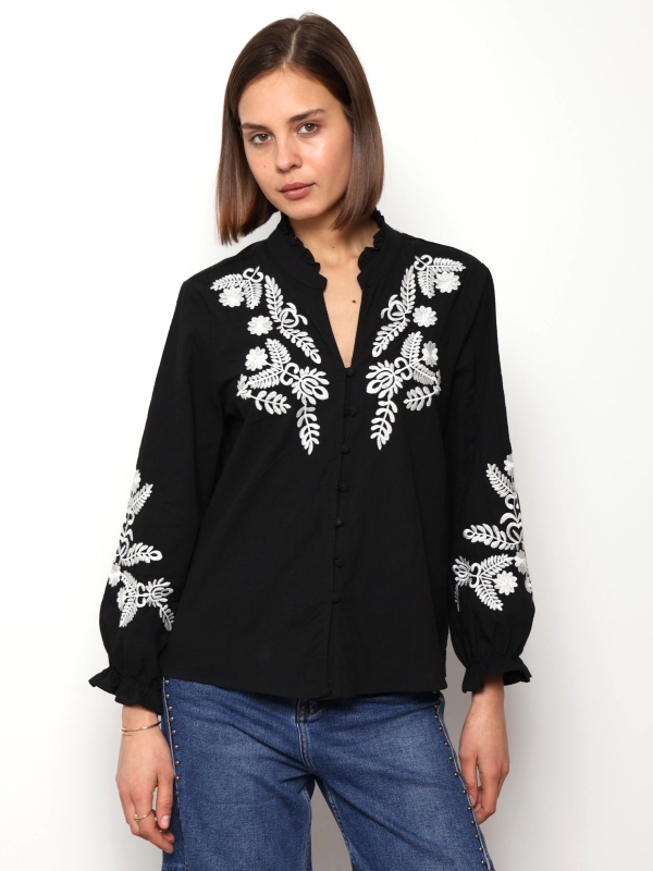 Clara - Cotton Embroidered Shirt In Black