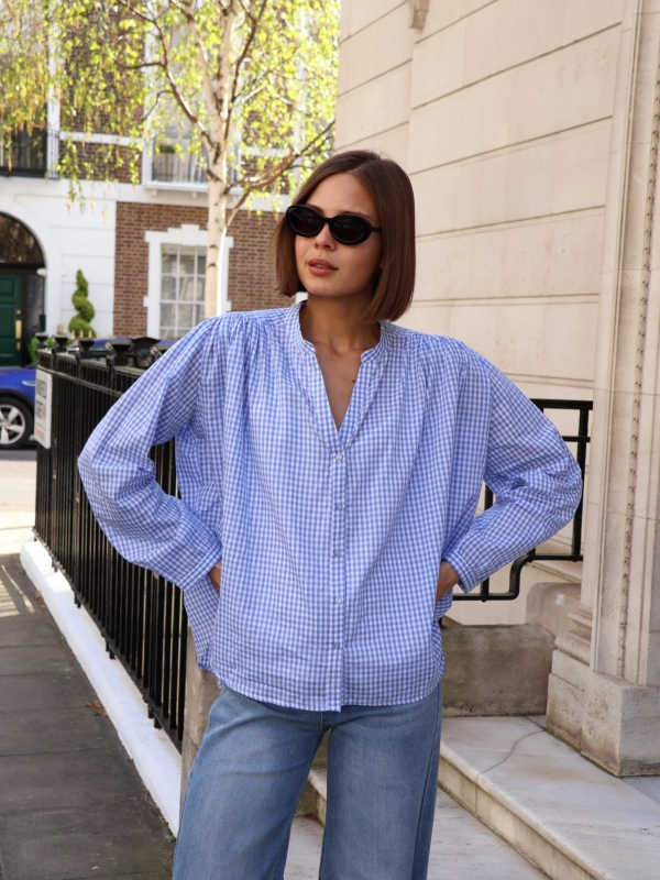 Gina Gingham Smocked Cotton Shirt In blue