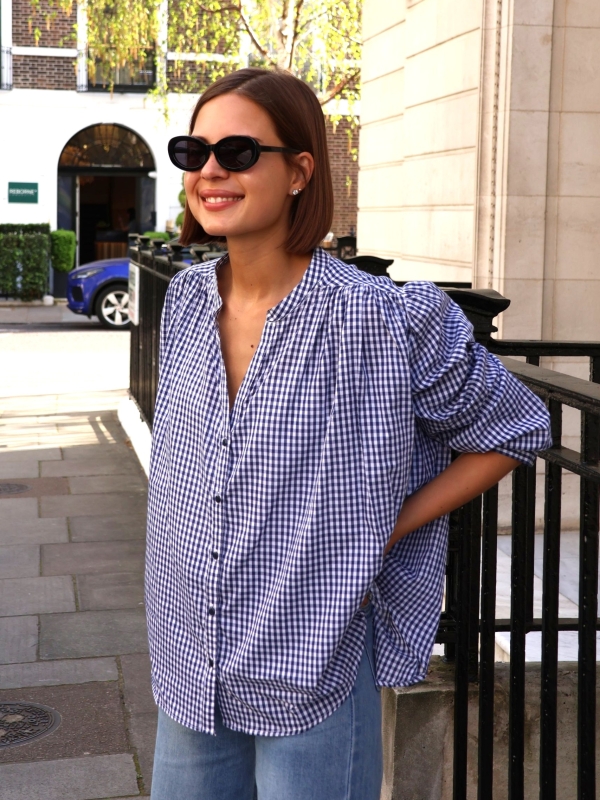 Gina Gingham Smocked Cotton Shirt In navy