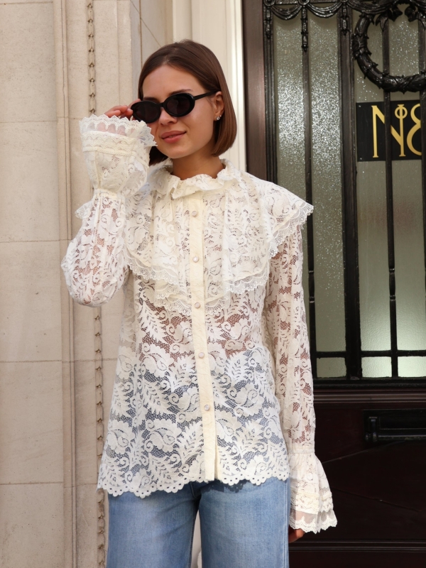 Harper - Cream Lace High-Neck Frill Blouse