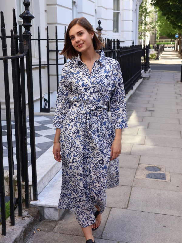 Emily - floral belted cotton midi shirt dress in navy
