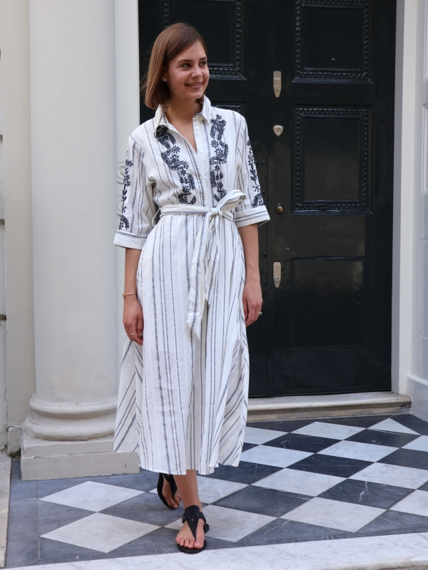 Winona - White Cotton Shirt Dress with Black Embroidery