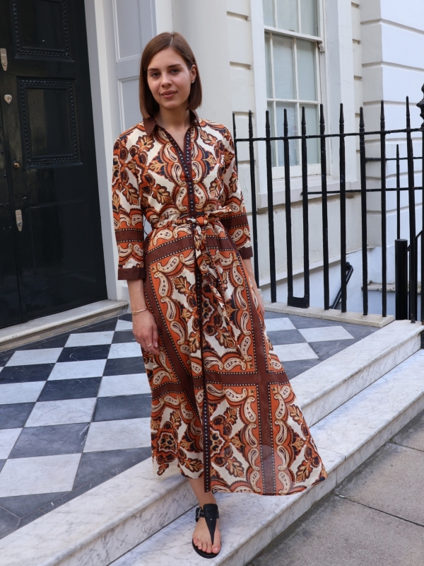 Emily -  floral belted cotton midi shirt dress in brown