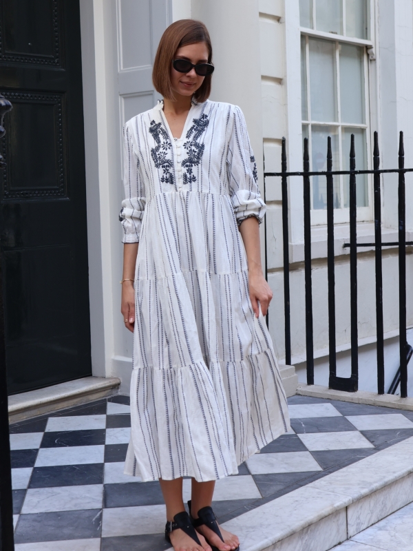 Winnie - White Cotton Bohemian Dress with Black Embroidery