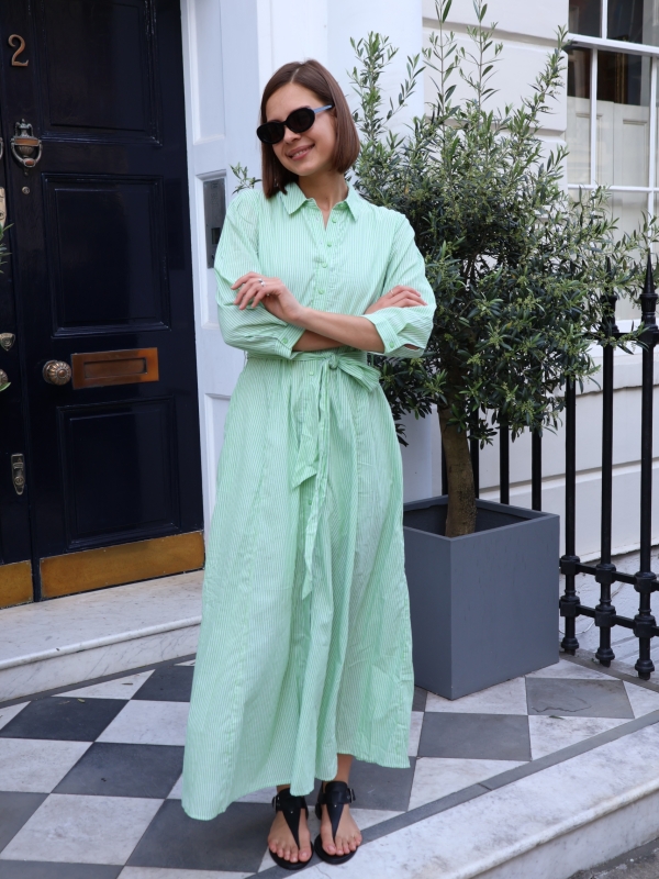 Dakota - Striped Cotton Shirt Dress in green