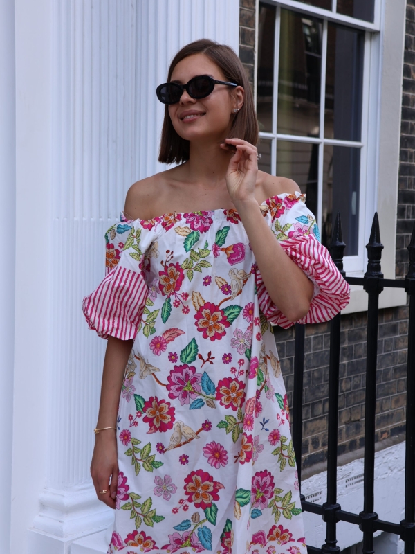 Claudia- Printed Cotton Off-Shoulder Midi Dress In Pink