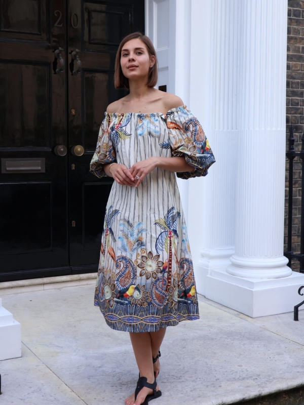 Claudia- Printed Cotton Off-Shoulder Midi Dress In Navy