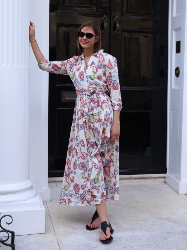 Emily -  belted cotton midi shirt dress in paisley print