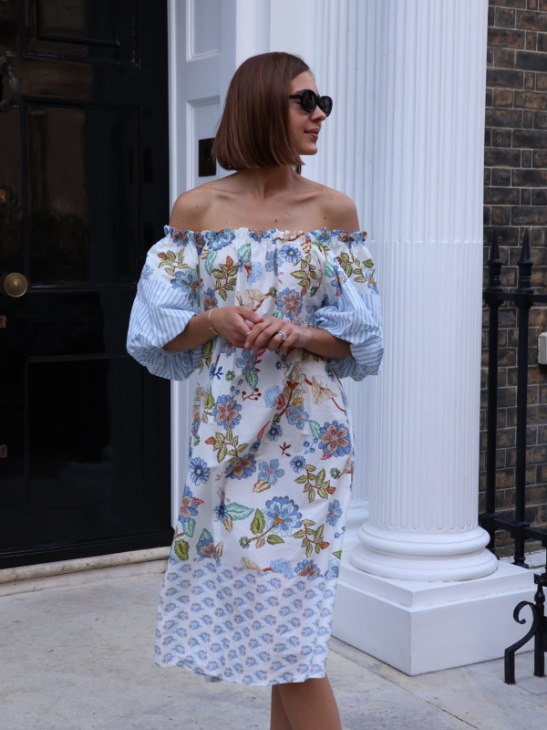 Claudia- Printed Cotton Off-Shoulder Midi Dress In blue
