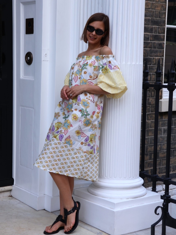 Claudia- Printed Cotton Off-Shoulder Midi Dress In yellow