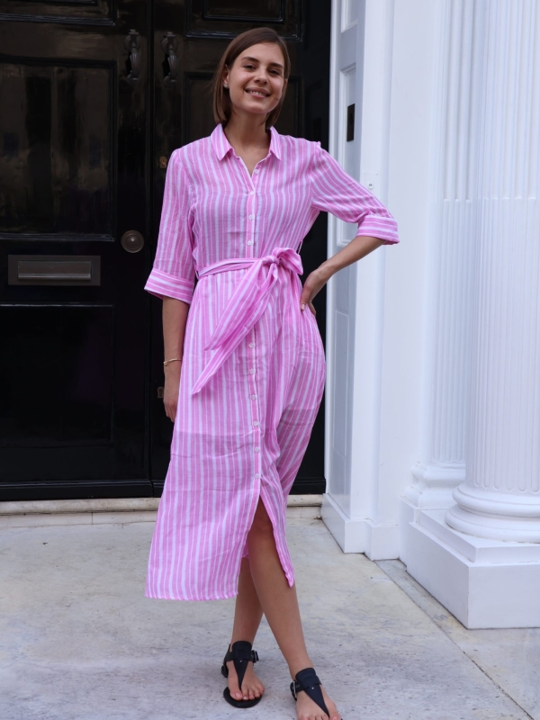 Dahlia - Striped Cotton Shirt Dress in pink