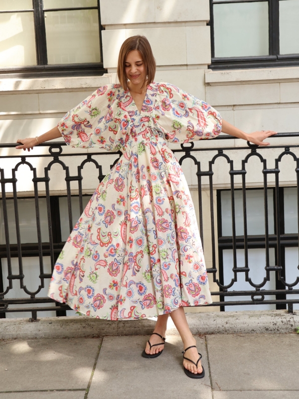 Genevieve - Ruched Cotton Maxi Dress In Paisley