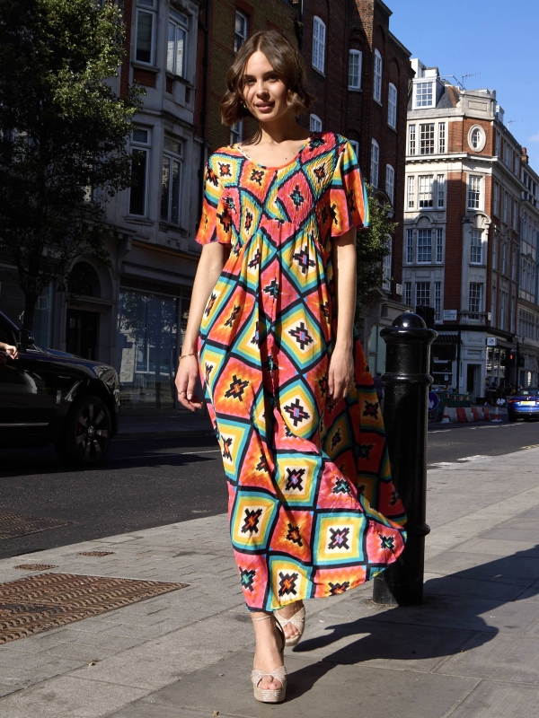 Claudia -Tiered Maxi Dress In Orange Diamonds