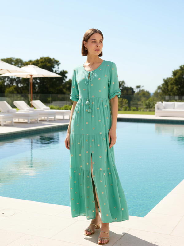 Lolita - Bohemian Sequins Embellished Maxi Dress In Turquoise