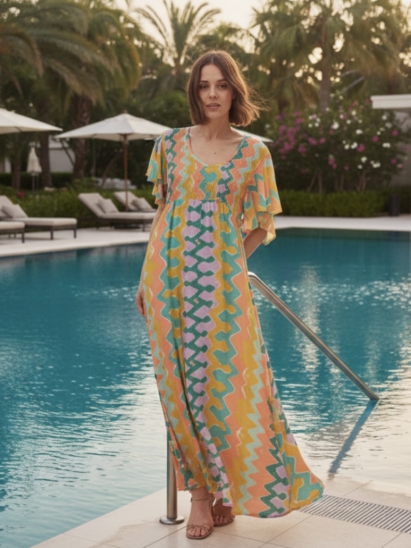Claudia -Tiered Maxi Dress In Yellow Wave