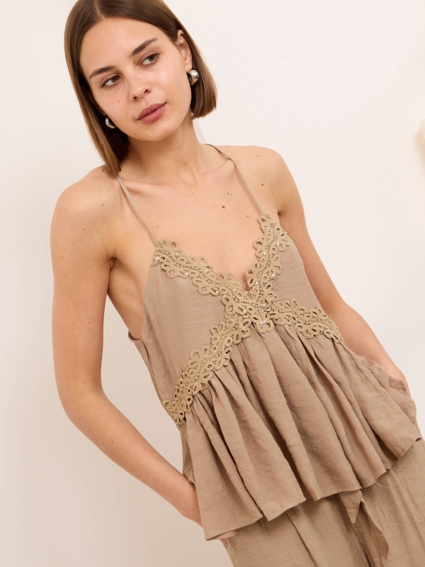 Marielle - Strappy Lace Detail Blouse in beige