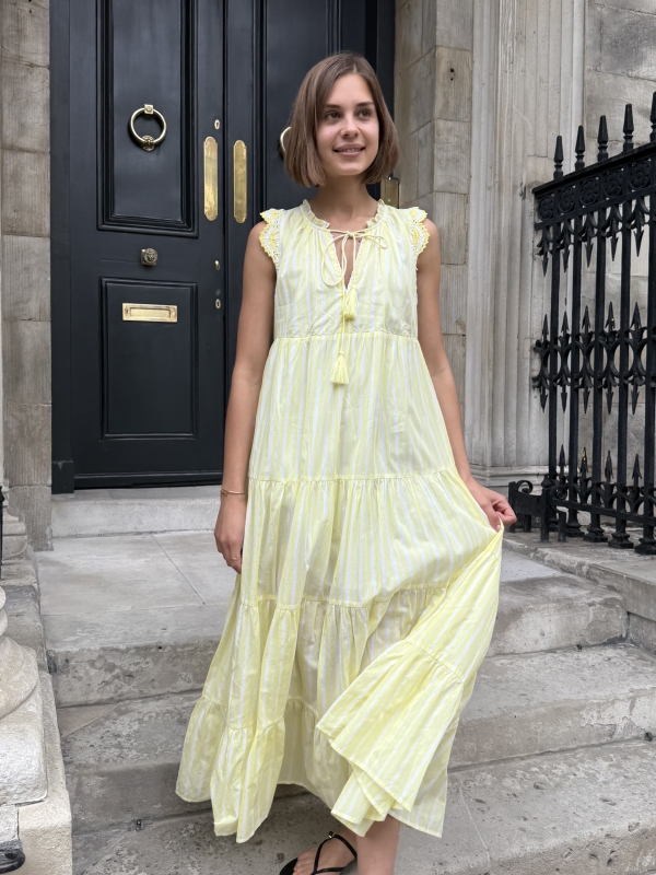 Haylee- Bohemian  Striped Sleeveless  Maxi Dress in Yellow