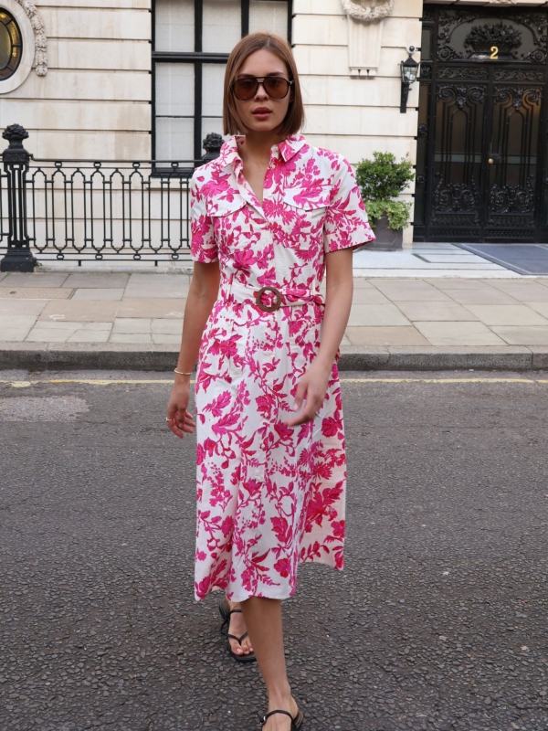 Harriet - Short Sleeve Cotton Shirt Dress with Wooden Buckle Belt in pink floral