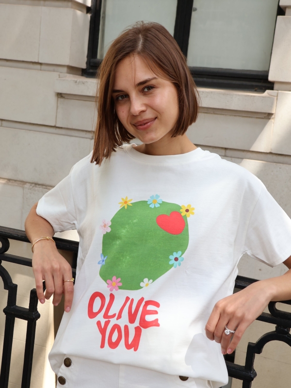 OLIVA White T-Shirt with Olive Embellishment