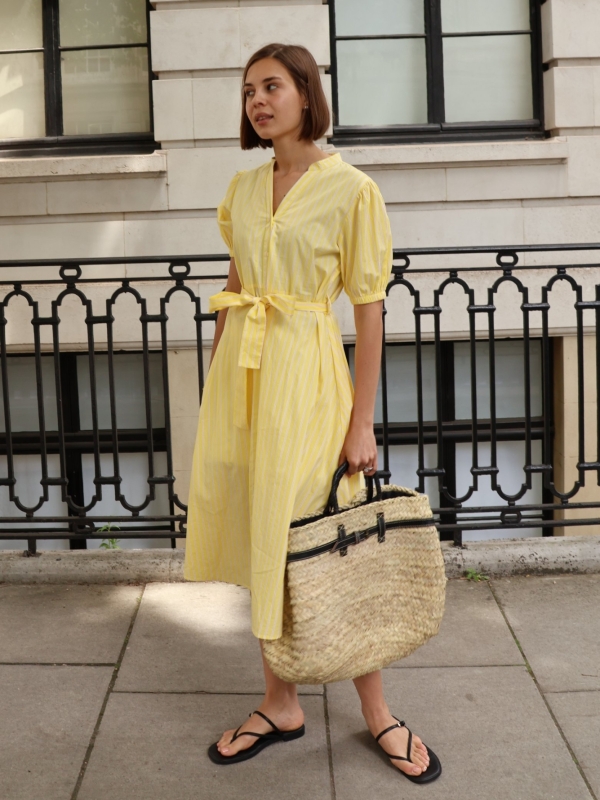 Hattie  - Short Sleeve Cotton Striped Shirt Dress in yellow