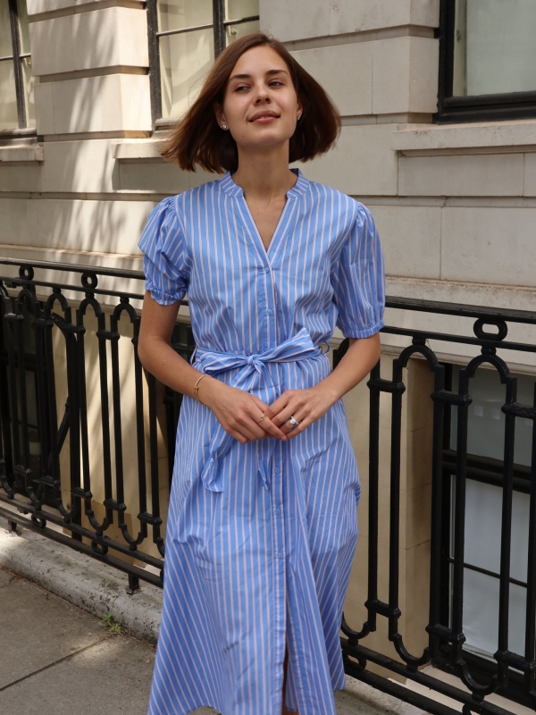 Hattie  - Short Sleeve Cotton Striped Shirt Dress in blue