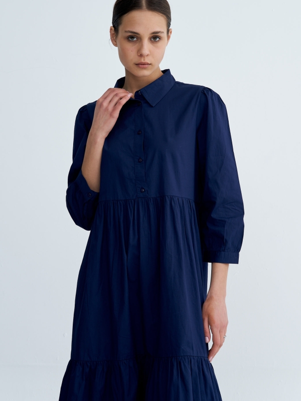 Chiara -tiered cotton midi shirt dress in navy