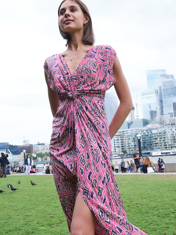 Paola - twist wrap waist sleeveless midi dress with front split in pink