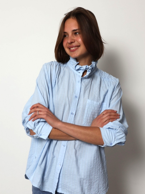 Charlie - High Neck Cotton Blouse with Frill Detail in Blue