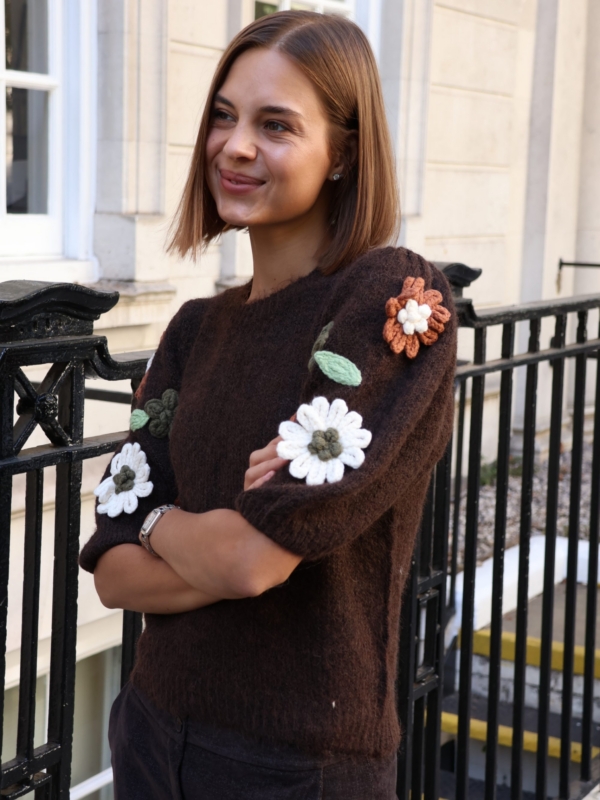 Genna - Short Sleeve Jumper with Floral Embroidered Sleeves in brown