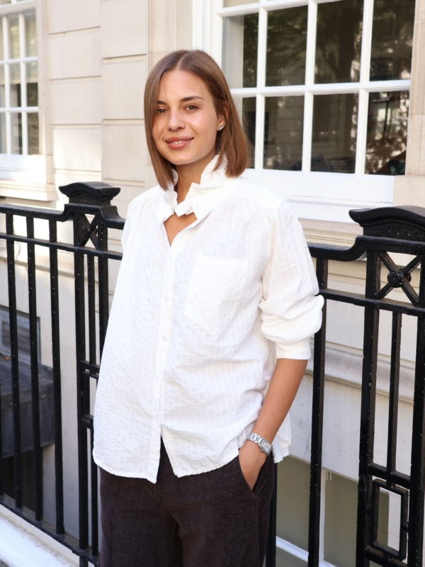 Charlie - High Neck Cotton Blouse with Frill Detail in white
