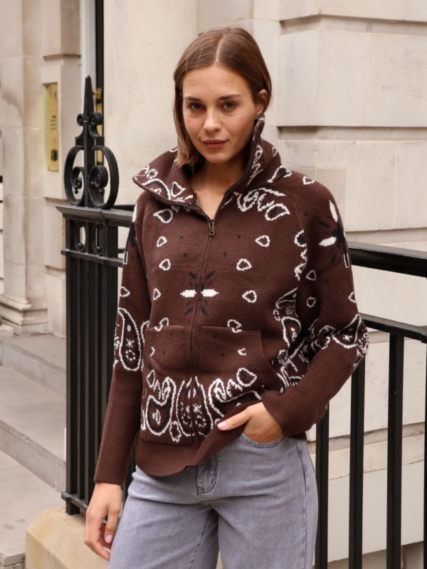 Odessa - bandana jacquard-knit Zip Cardigan in brown