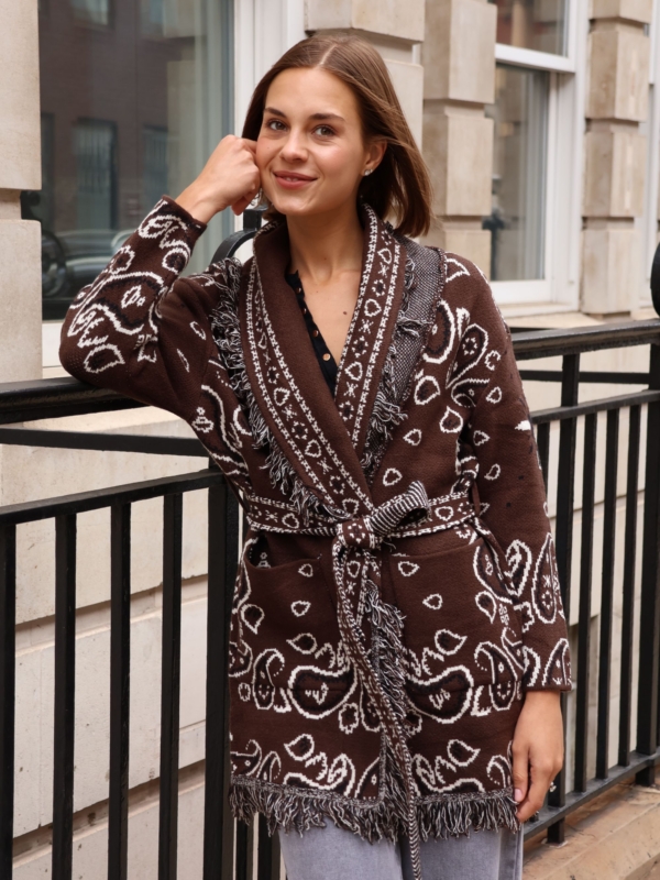 Olga - bandana jacquard-knit Belted Cardigan in brown