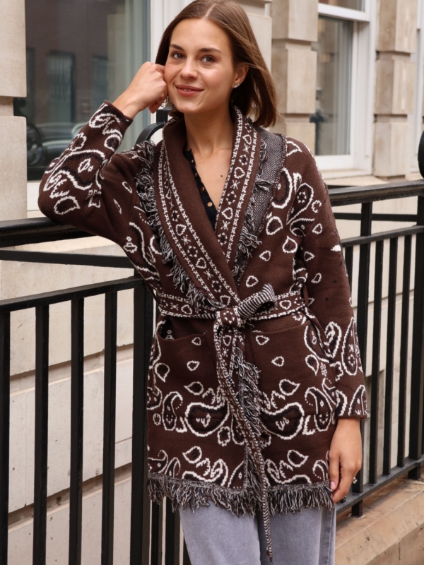 Olga - bandana jacquard-knit Belted Cardigan in brown