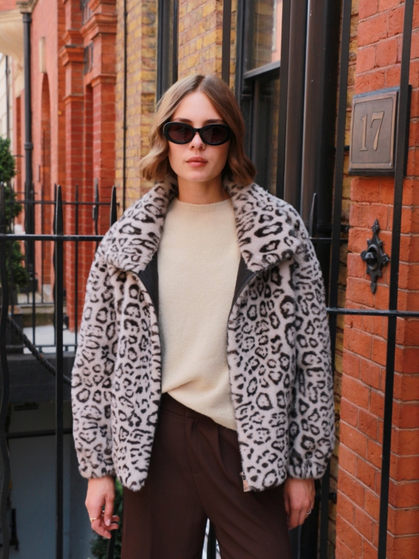 Candy- Faux Fur Coat In Leopard Print in grey
