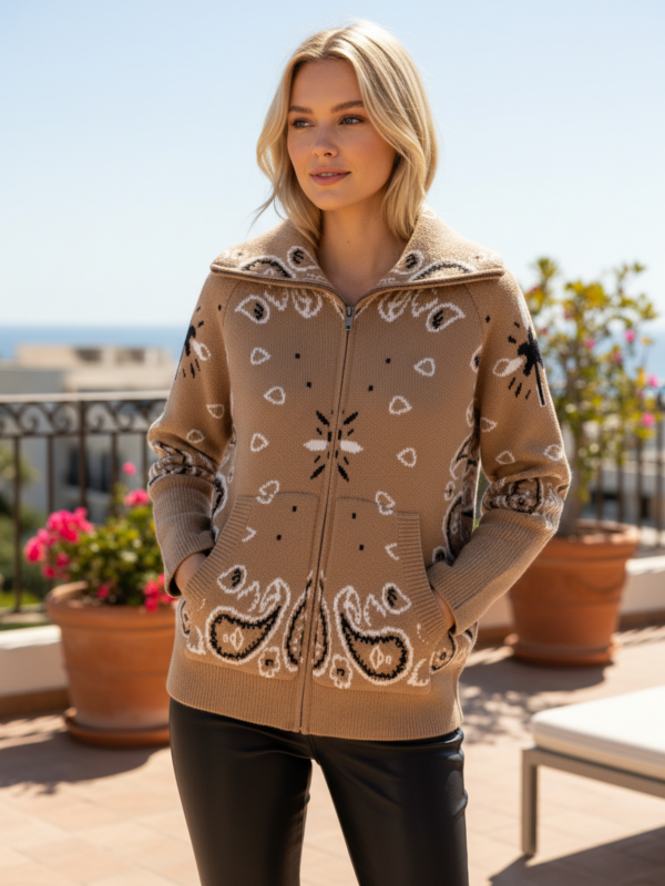 Odessa - bandana jacquard-knit Zip Cardigan in camel