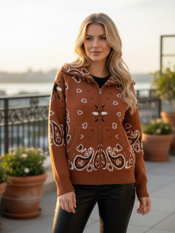 Odessa - bandana jacquard-knit Zip Cardigan in orange