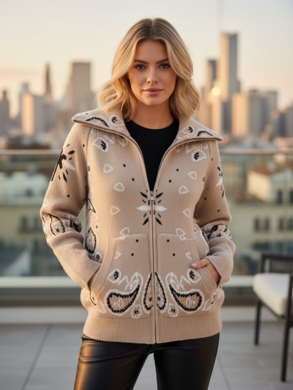 Odessa - bandana jacquard-knit Zip Cardigan in beige