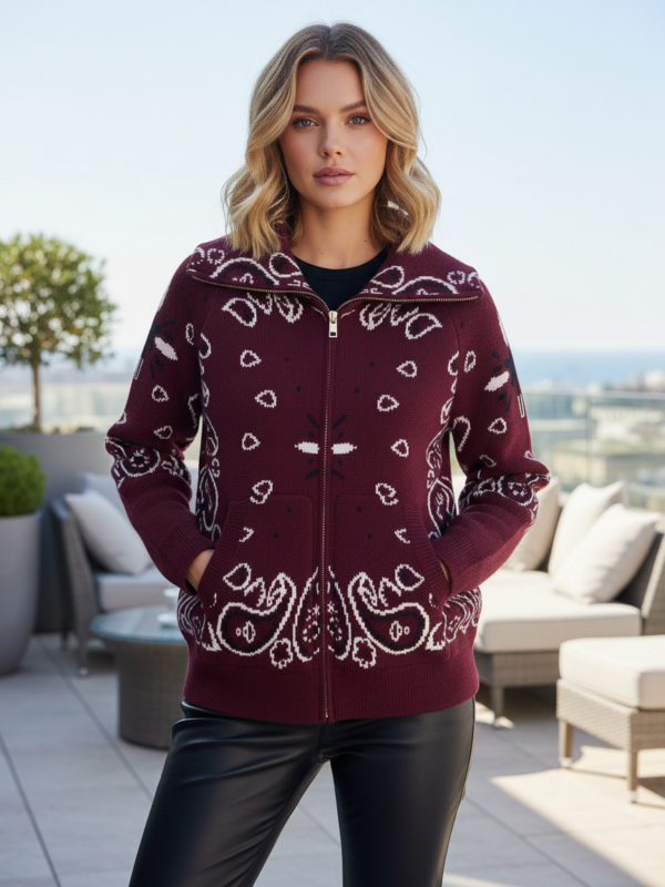 Odessa - bandana jacquard-knit Zip Cardigan in burgundy