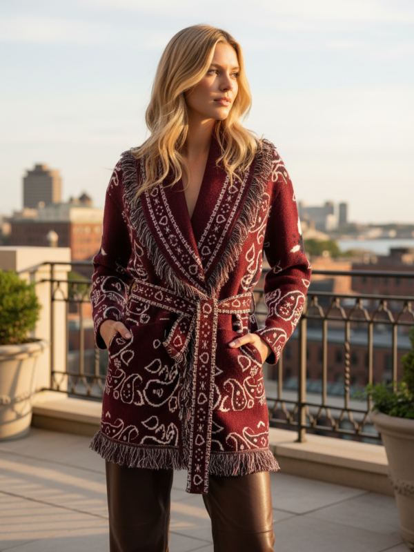 Olga - bandana jacquard-knit Belted Cardigan in burgundy