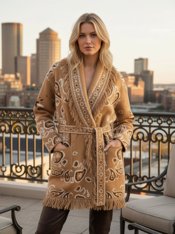 Olga - bandana jacquard-knit Belted Cardigan in camel