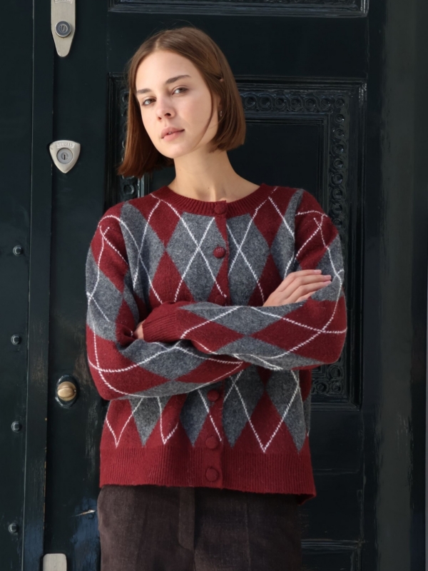 Angie-  Argyle Round-Neck Cardigan in Burgundy and grey