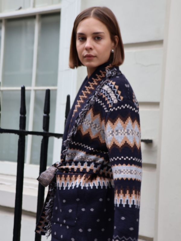 Melanie -jacquard-knit Belted Cardigan in navy