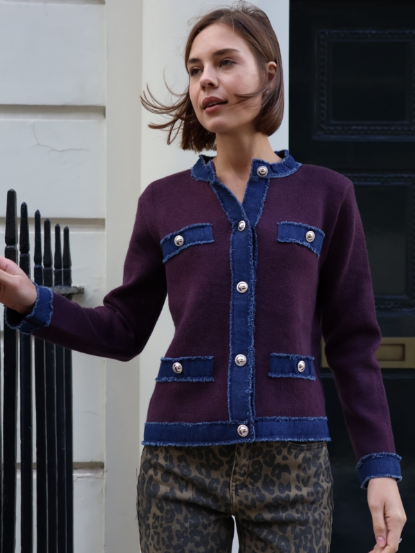 Brooke - Denim-Embellished Knitted Cardigan in burgundy